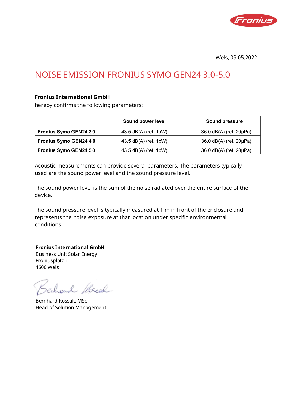 Fronius Noise emission Fronius Symo GEN24 and GEN24 Plus 3.0 - 5.0 Certificate