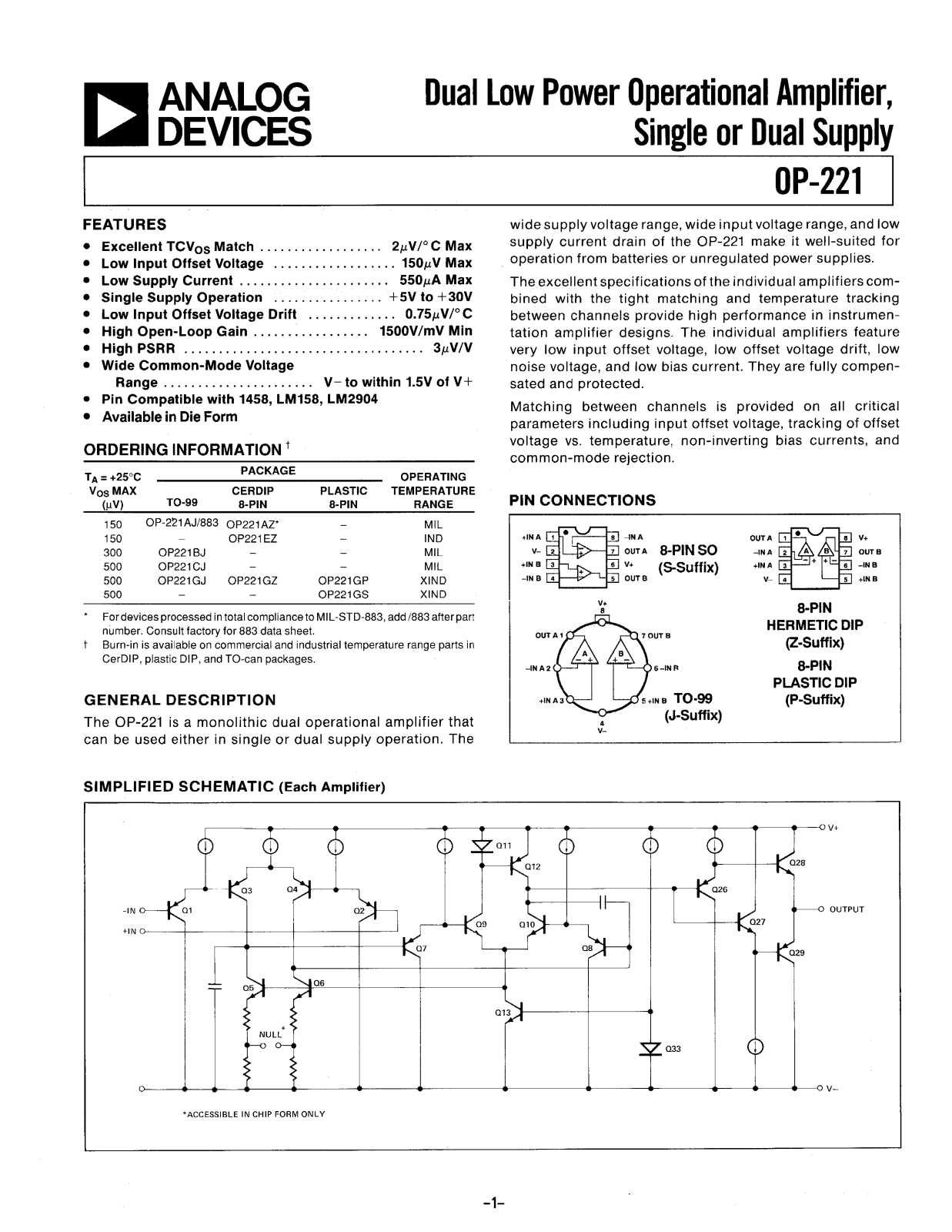 Analog Devices OP221 Datasheet