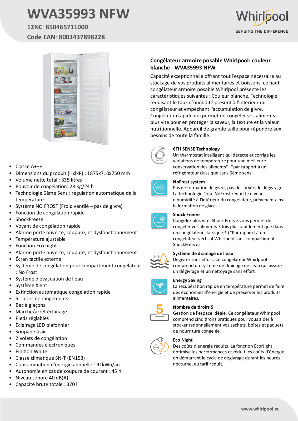 Whirlpool WVA35993 NFW Product information