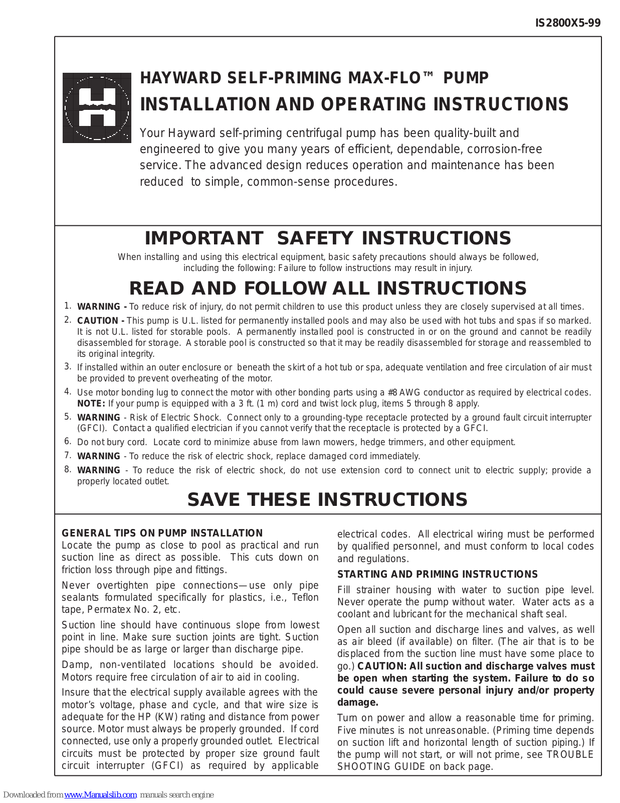 Hayward Max-Flo, Max-Flo SP2800X5, Max-Flo SP2805X7, Max-Flo SP2807X10, Max-Flo SP2810X15 Installation And Operating Instructions Manual