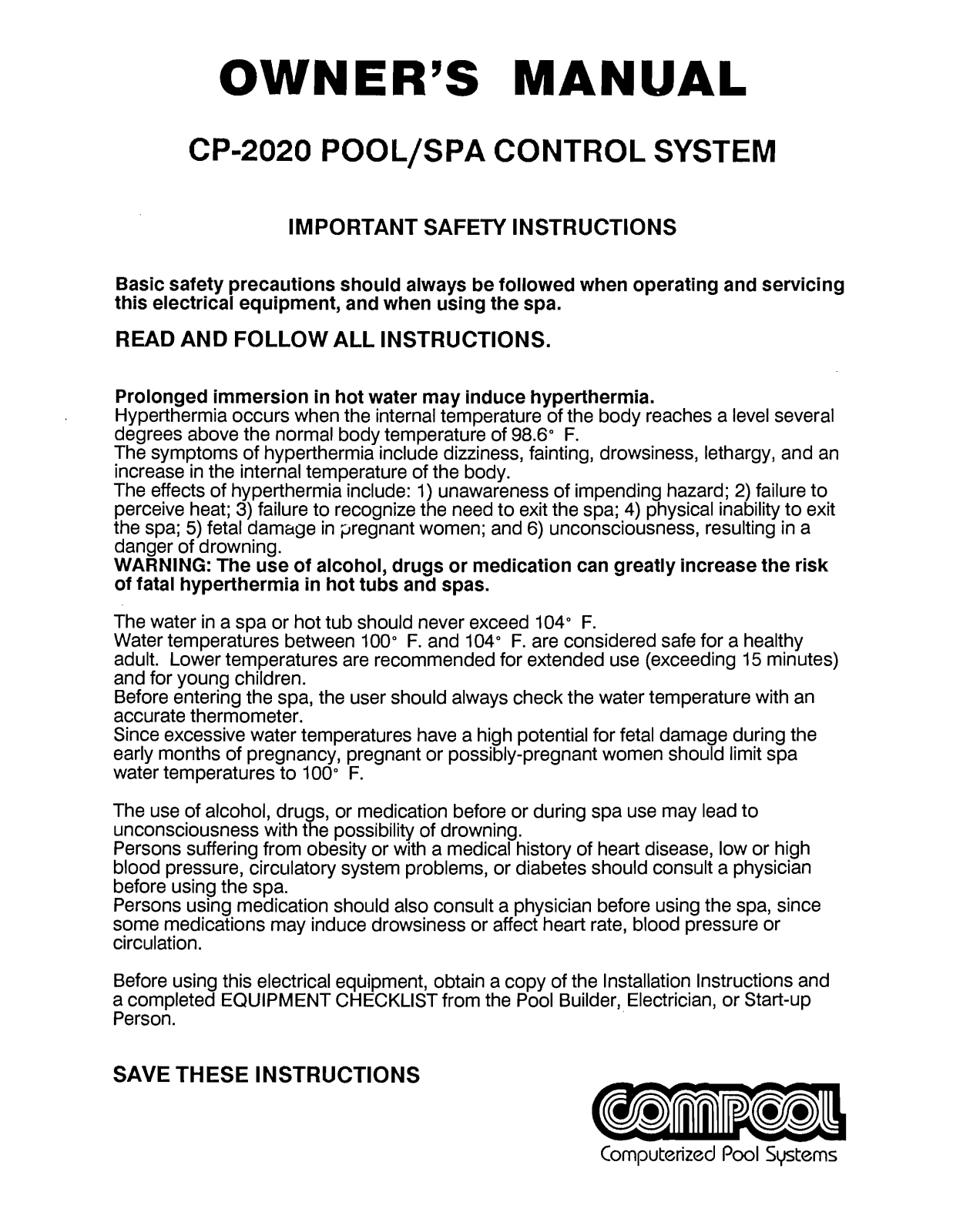 Sta-Rite CP-2020 Installation  Manual