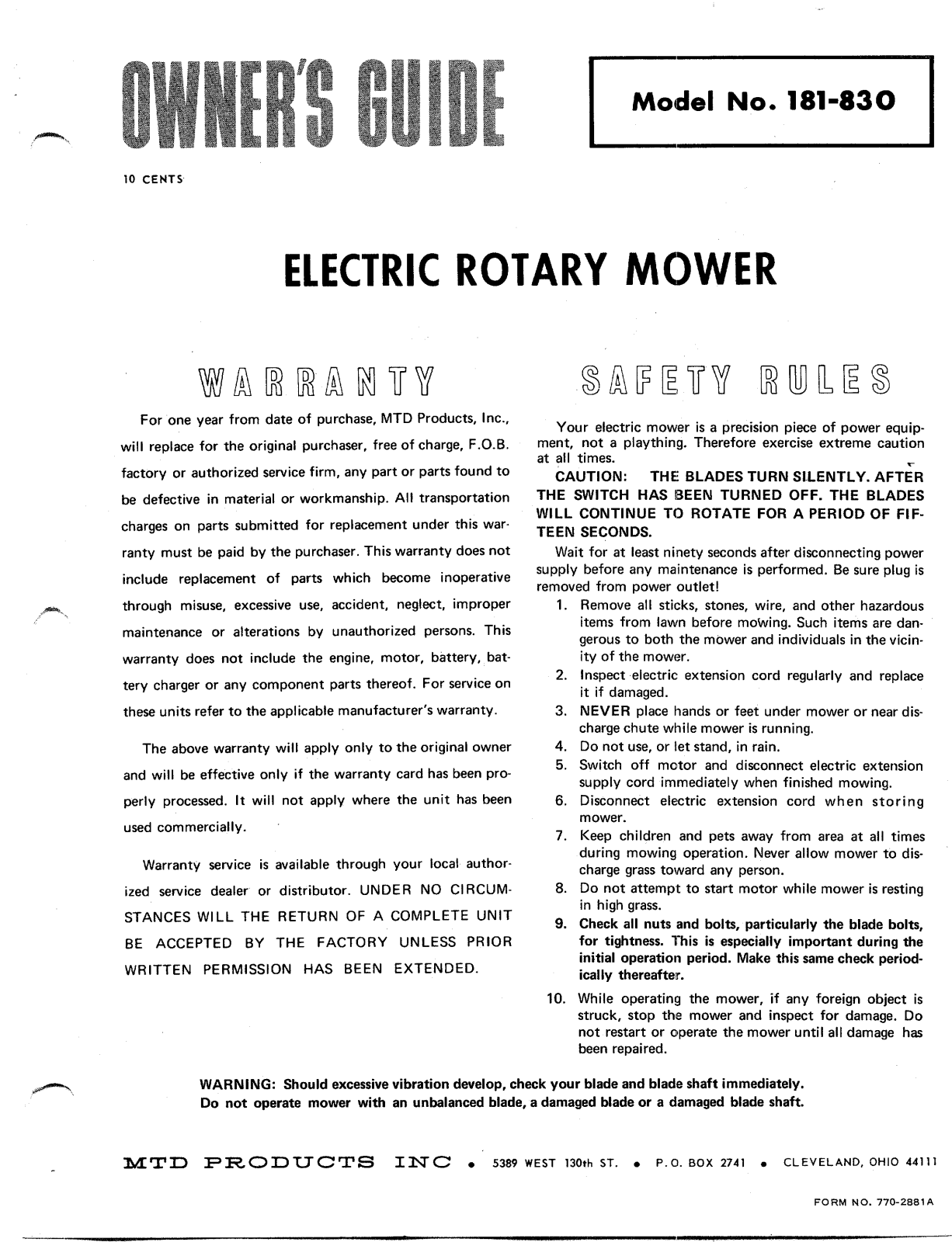 MTD 181-830 User Manual