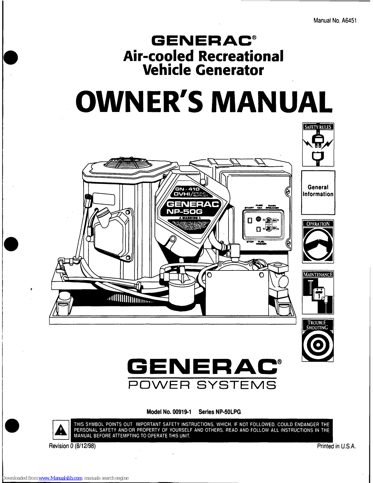 Generac Power Systems A-6451, NP-50LPG Owner's Manual