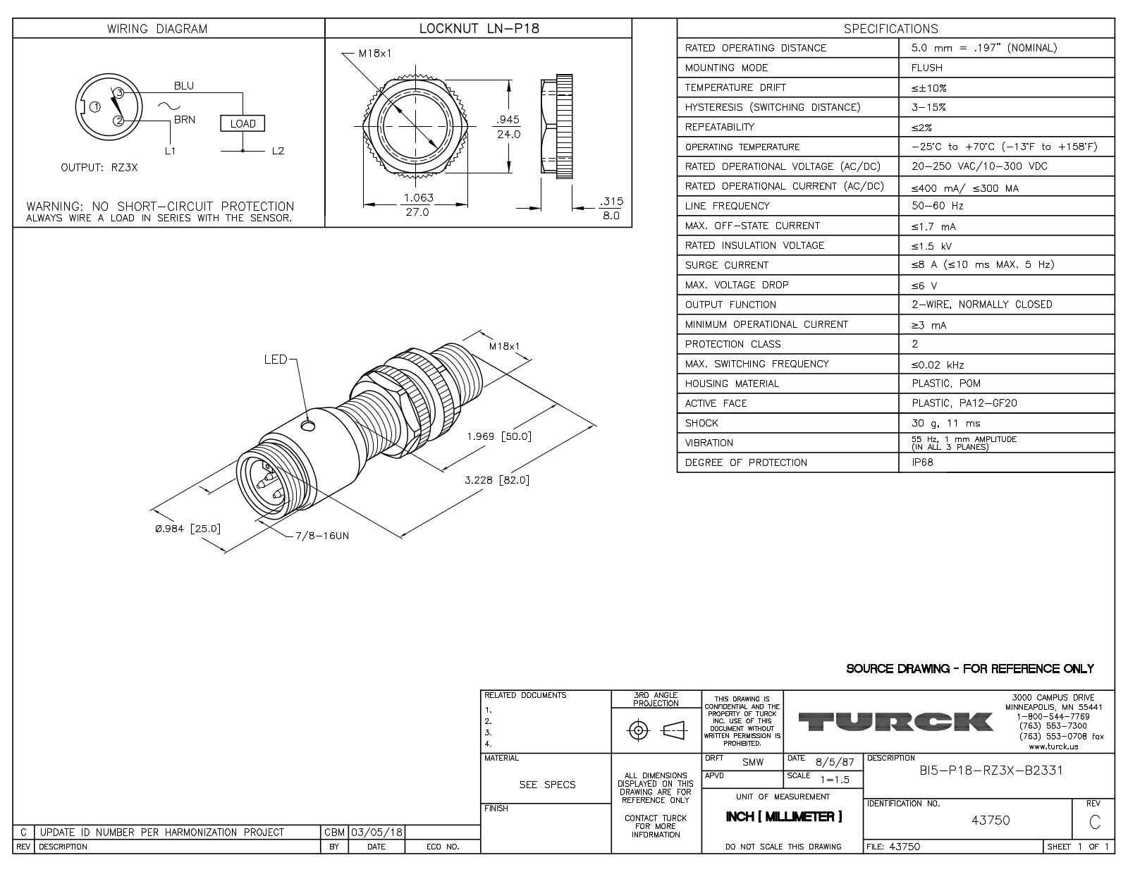 Turck BI5-P18-RZ3X-B2331 Data Sheet