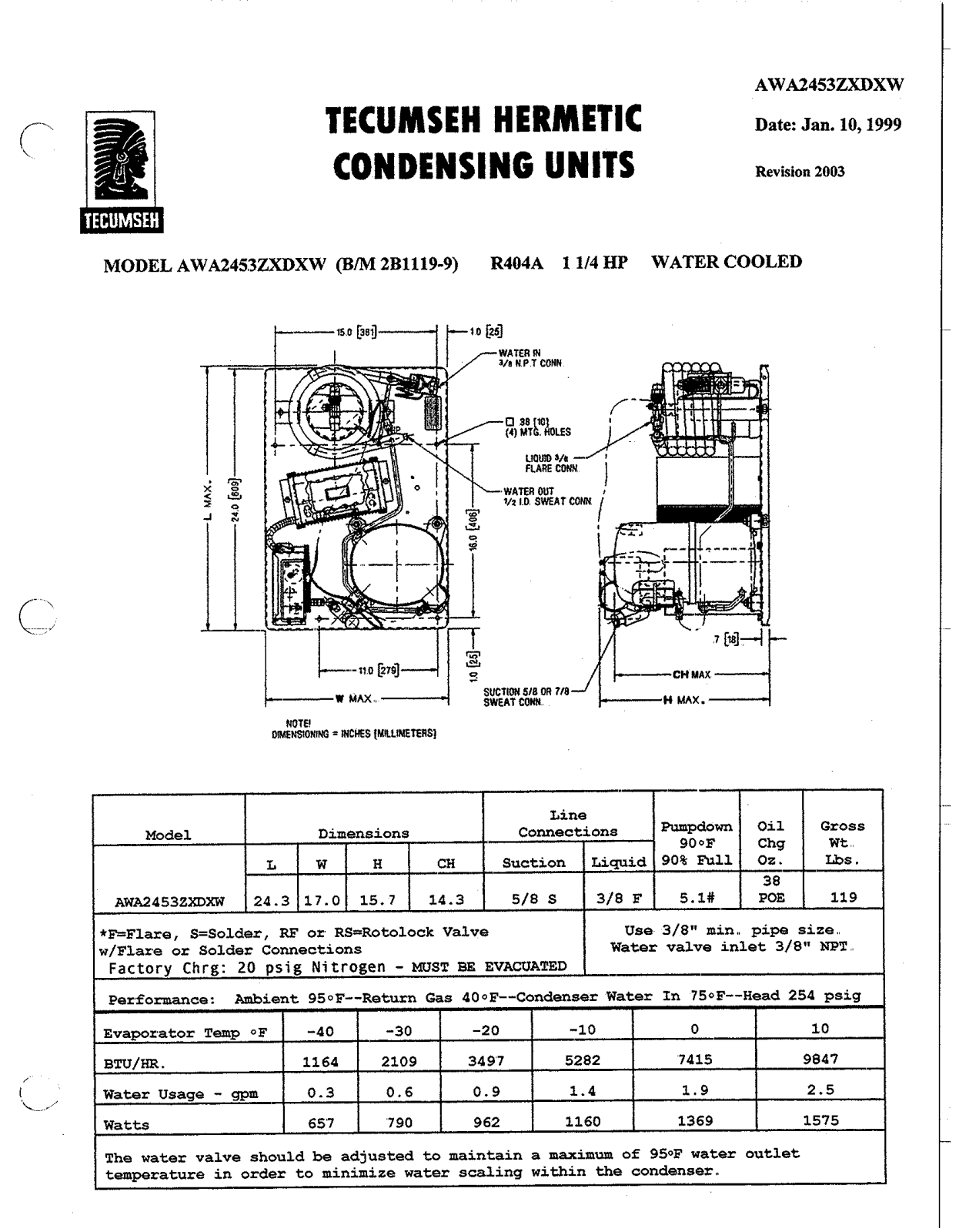 Tecumseh AWA2453ZXDXW Performance Data Sheet