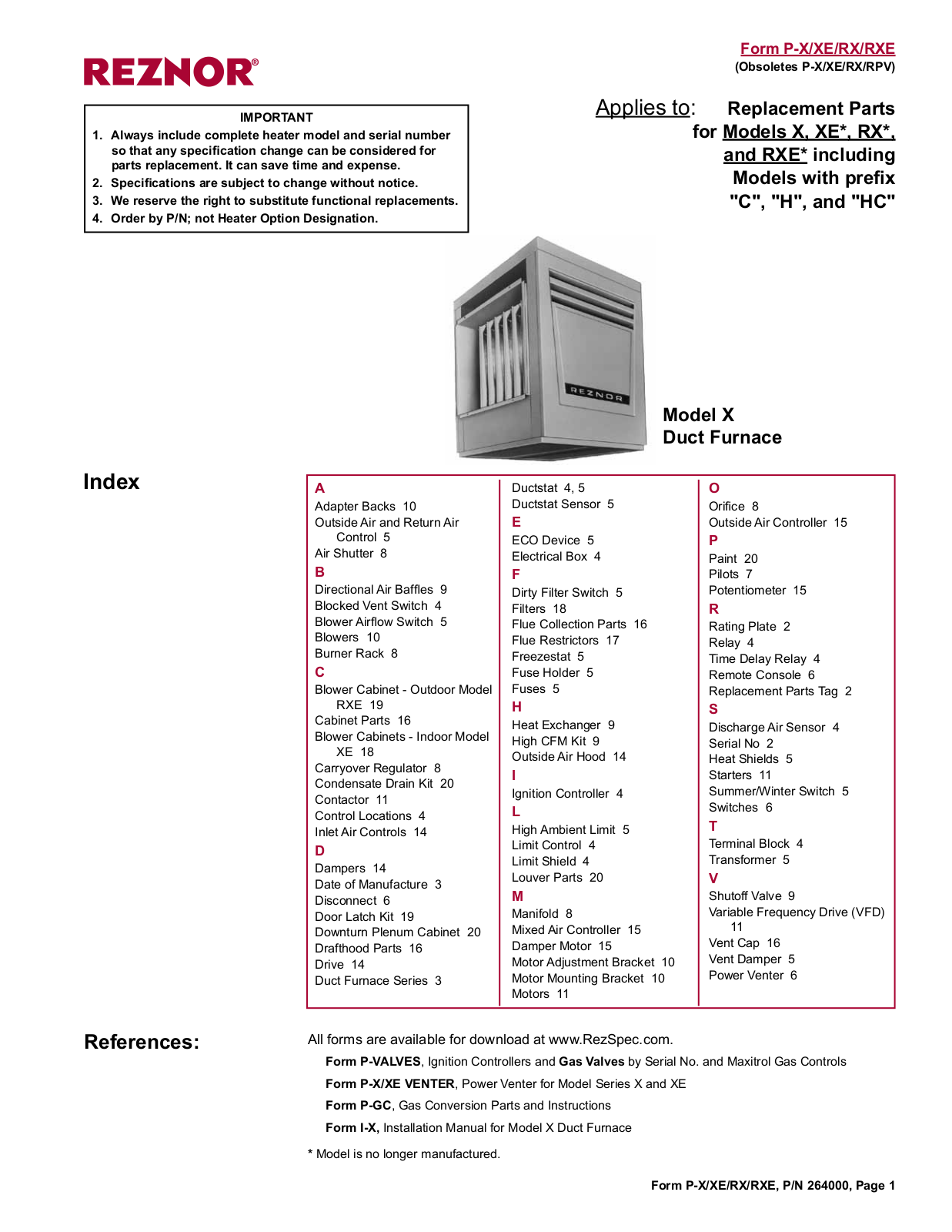 Reznor RXE Parts Manuals