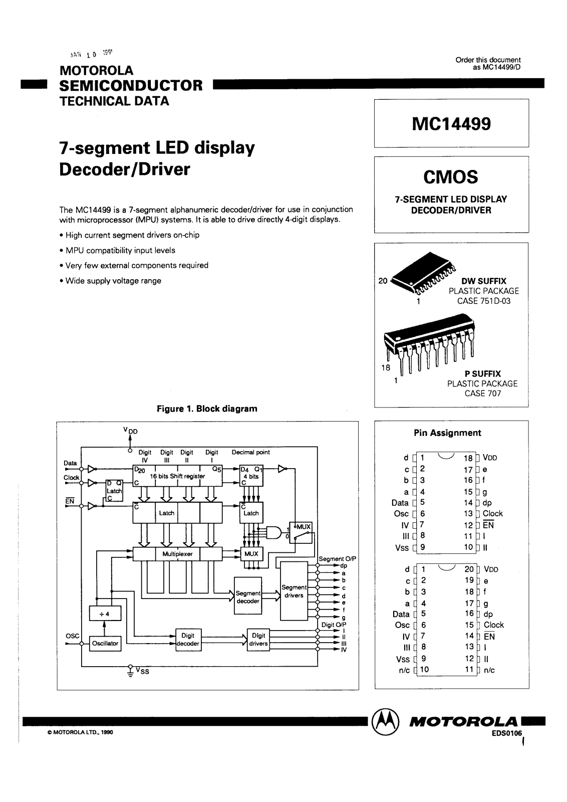 Motorola MC14499P, MC14499DW Datasheet