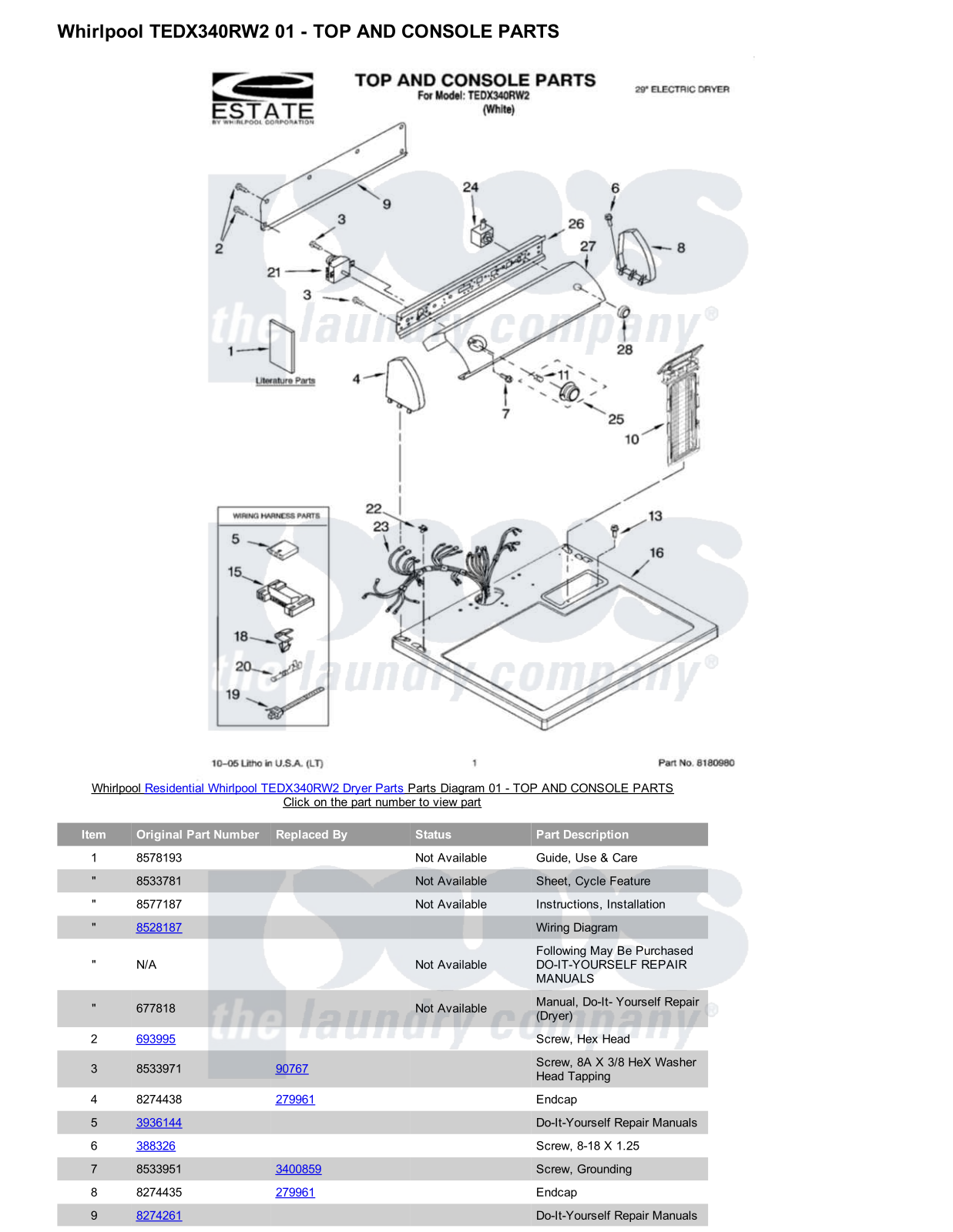 Whirlpool TEDX340RW2 Parts Diagram