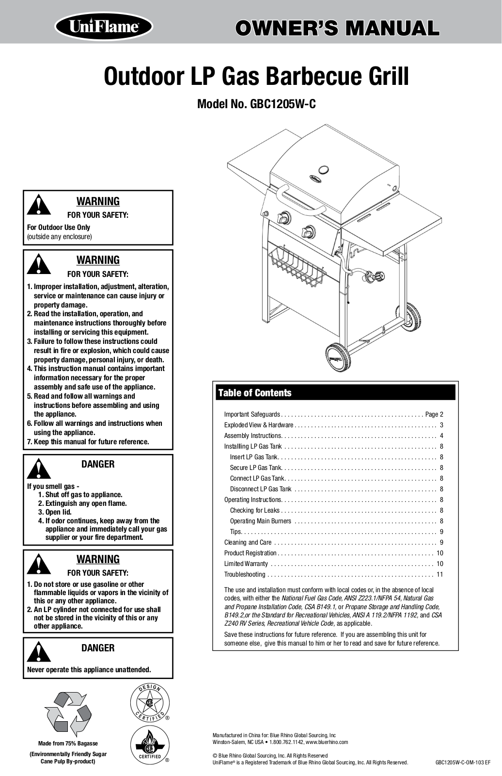 Blue Rhino GBC1205W-C Owner's Manual