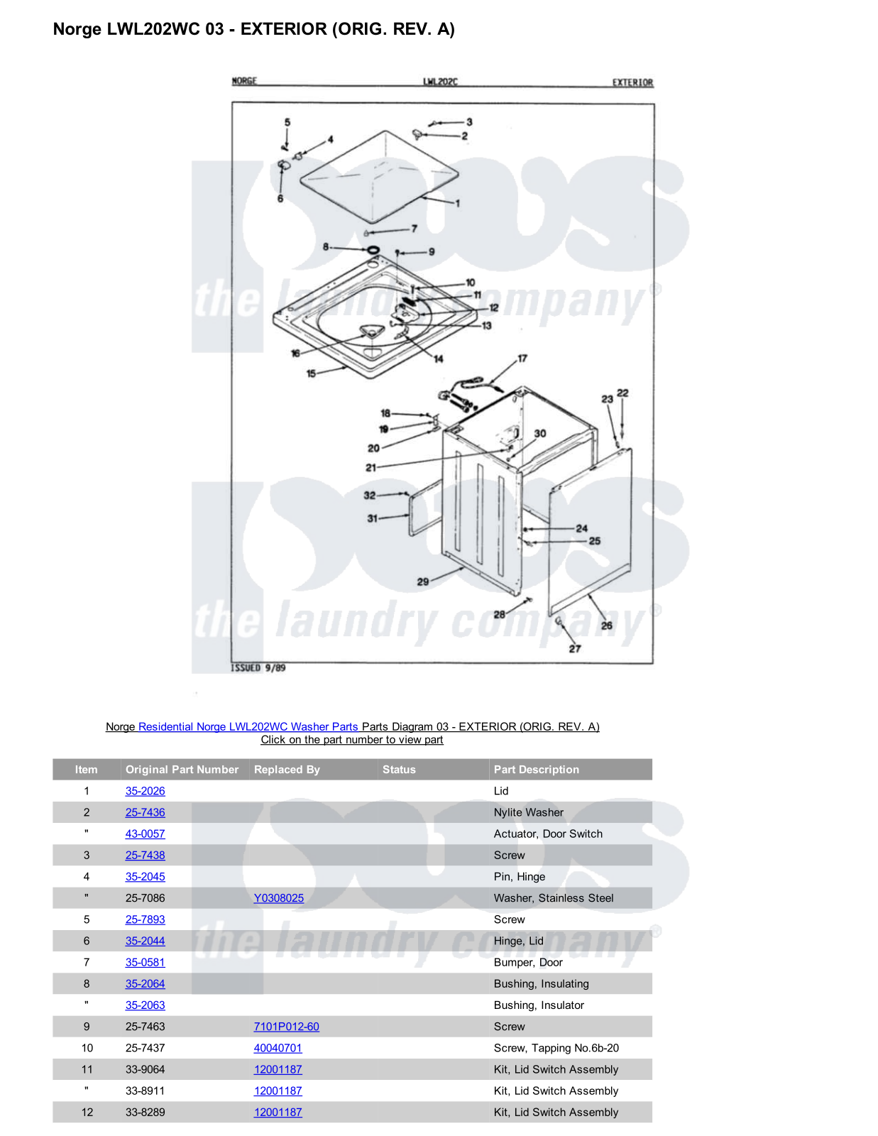 Norge LWL202WC Parts Diagram