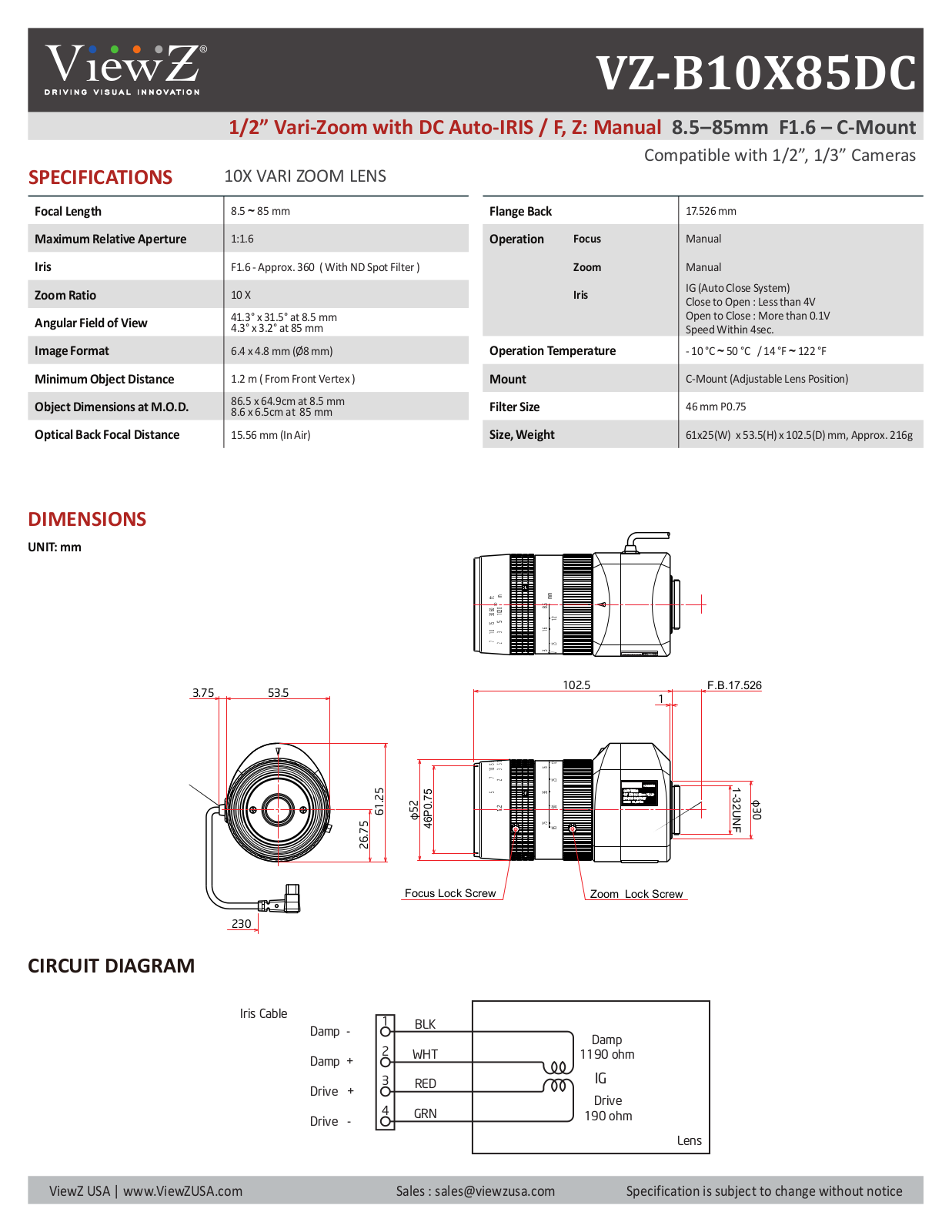 ViewZ VZ-B10X85DC Specsheet