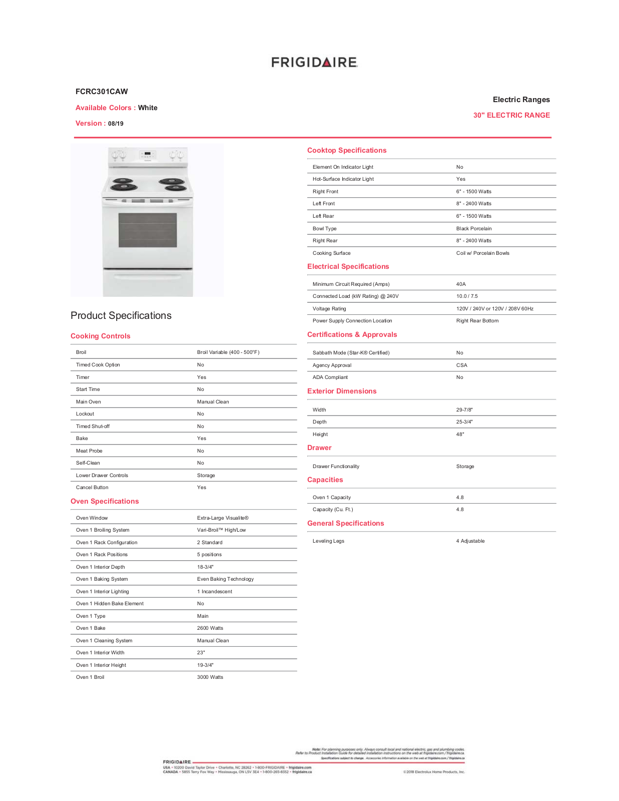 Frigidaire FCRC301CAW PRODUCT SPECIFICATIONS