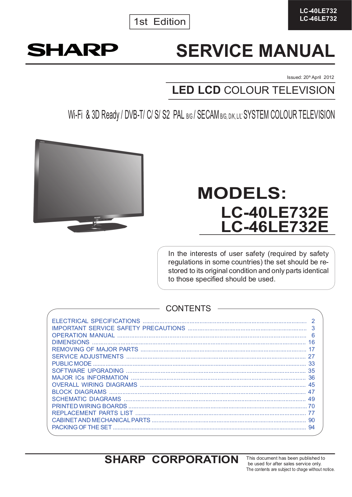 SHARP LC-40LE732E, LC-46LE732E Service Manual