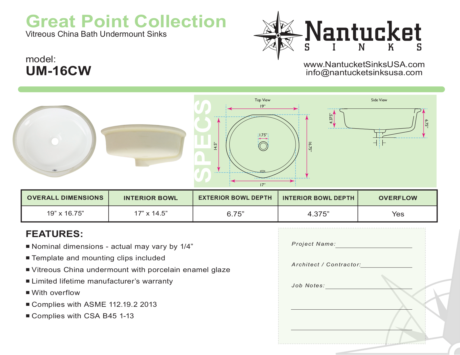 Nantucket UM16CW Specifications