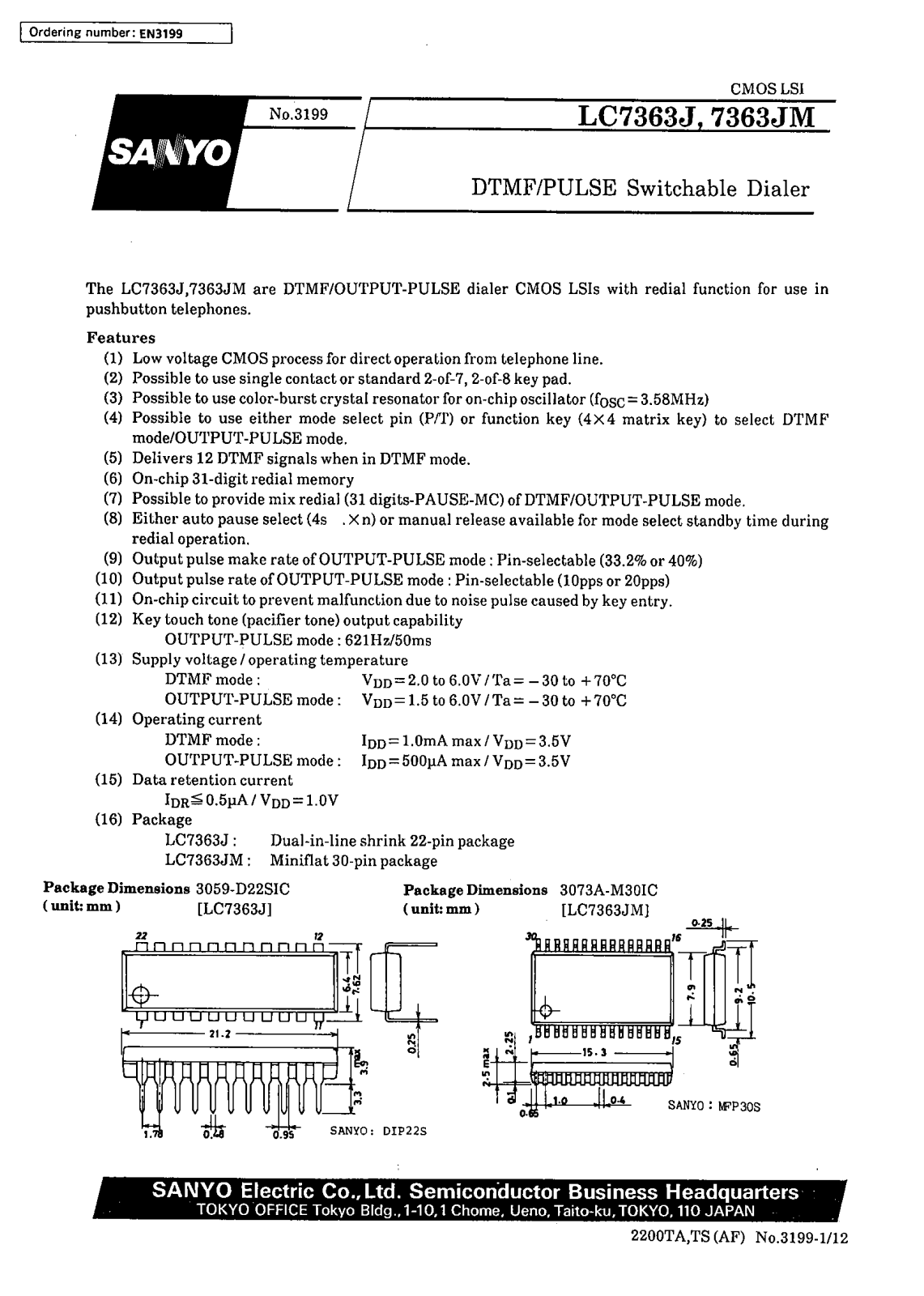 SANYO LC7363JM, LC7363J Datasheet