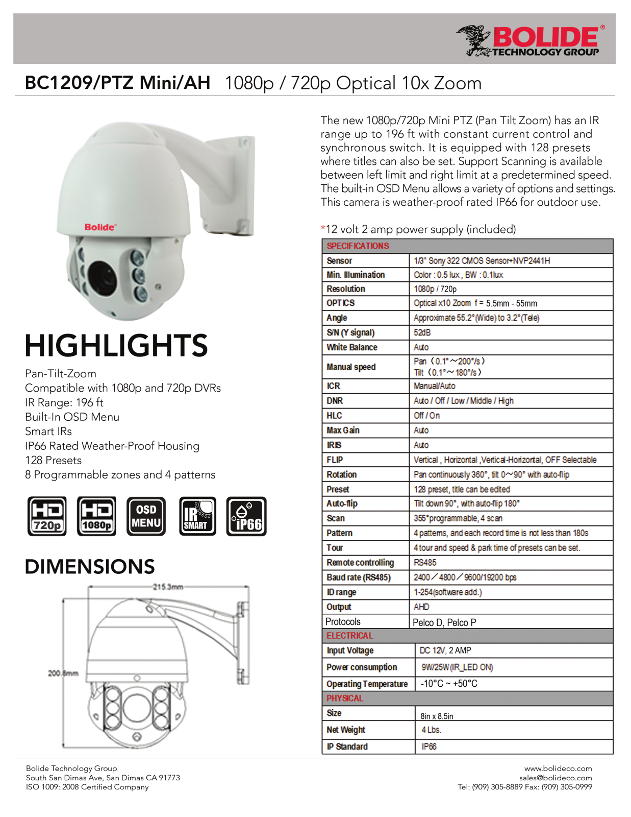 Bolide BC1209-PTZMINI-AH Specsheet