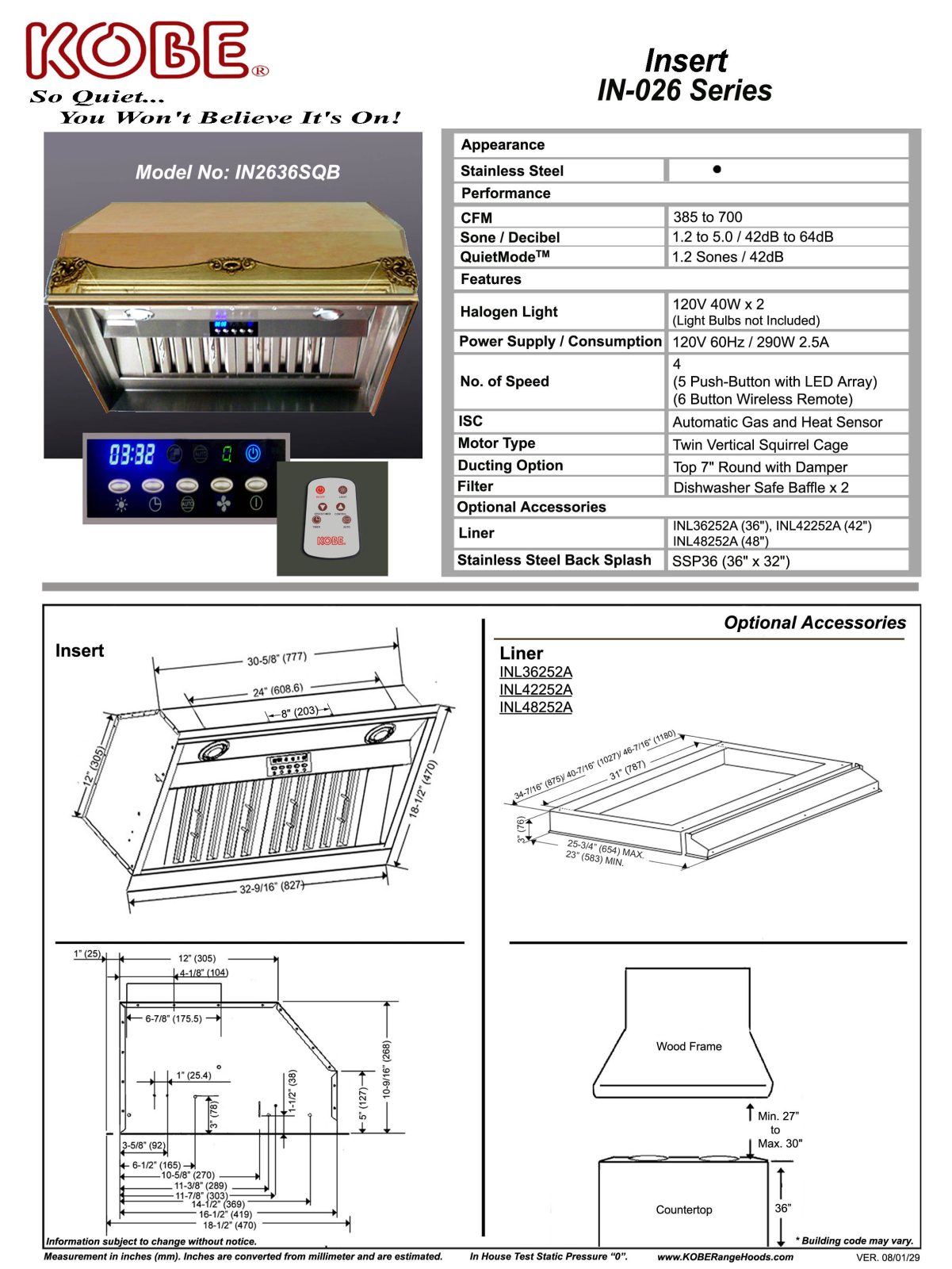 Kobe IN2636SQB Specifications