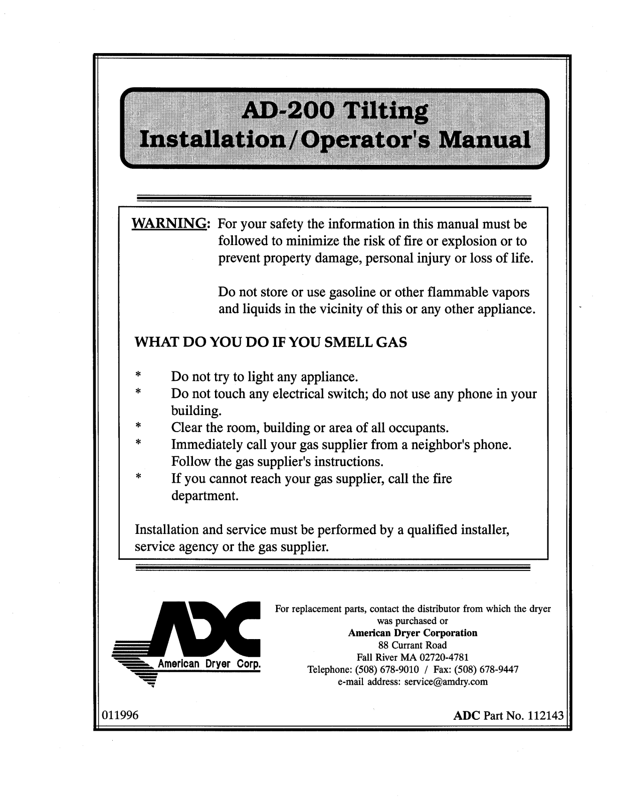 American Dryer Corp AD-200 Tilting User Manual