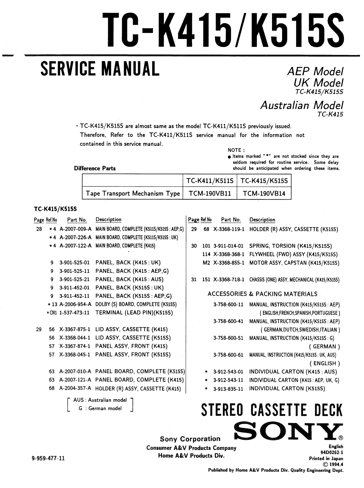 Sony TC K 415, TC K515 Service Manual