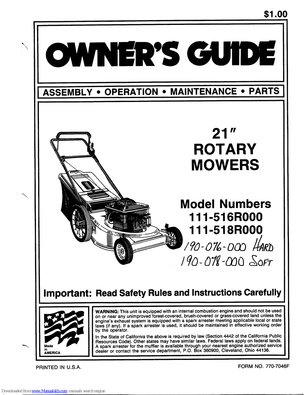 MTD 111-516R000, 111-518R000, 190-076-000, 190-078-000, 516R Owner's Manual