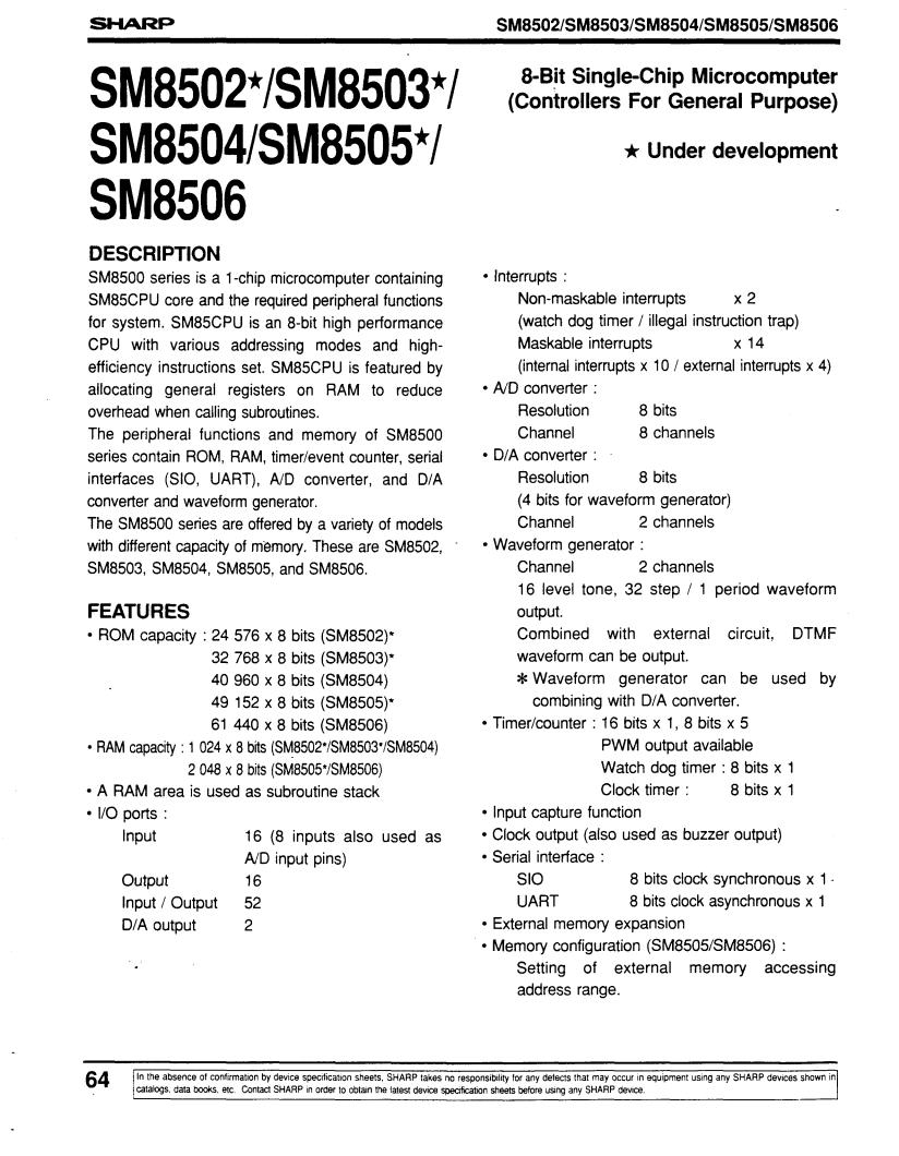 Sharp SM8502, SM8503, SM8504, SM8505, SM8506 Datasheet