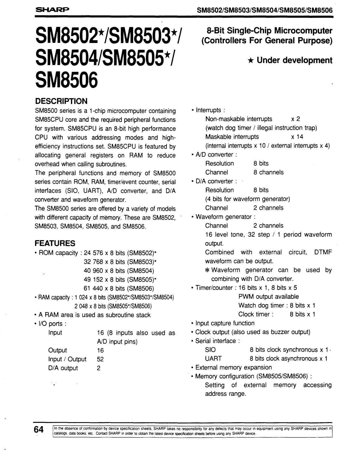 Sharp SM8502, SM8503, SM8504, SM8505, SM8506 Datasheet