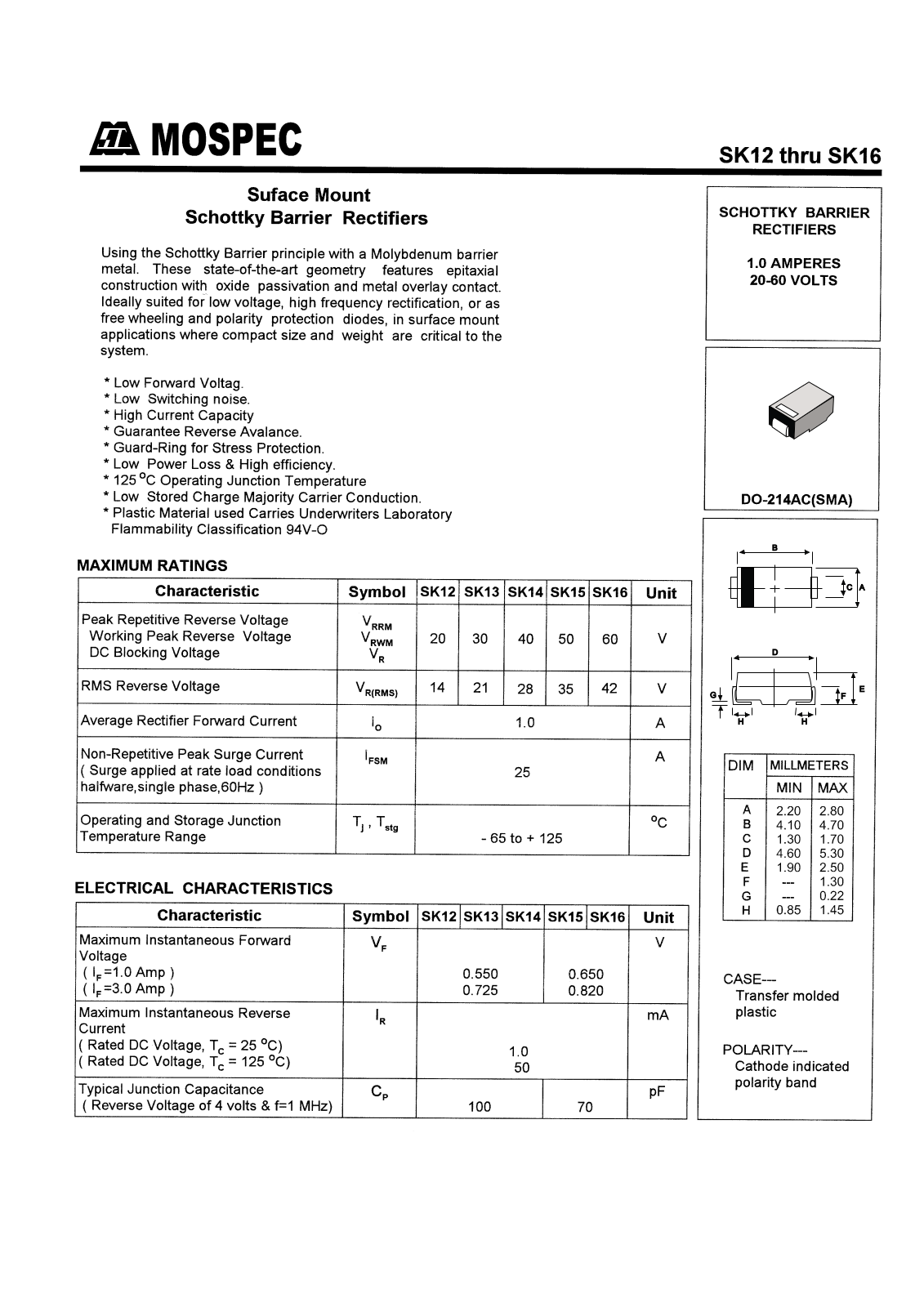 MOSPEC SK12, SK14, SK13, SK15, SK16 Datasheet