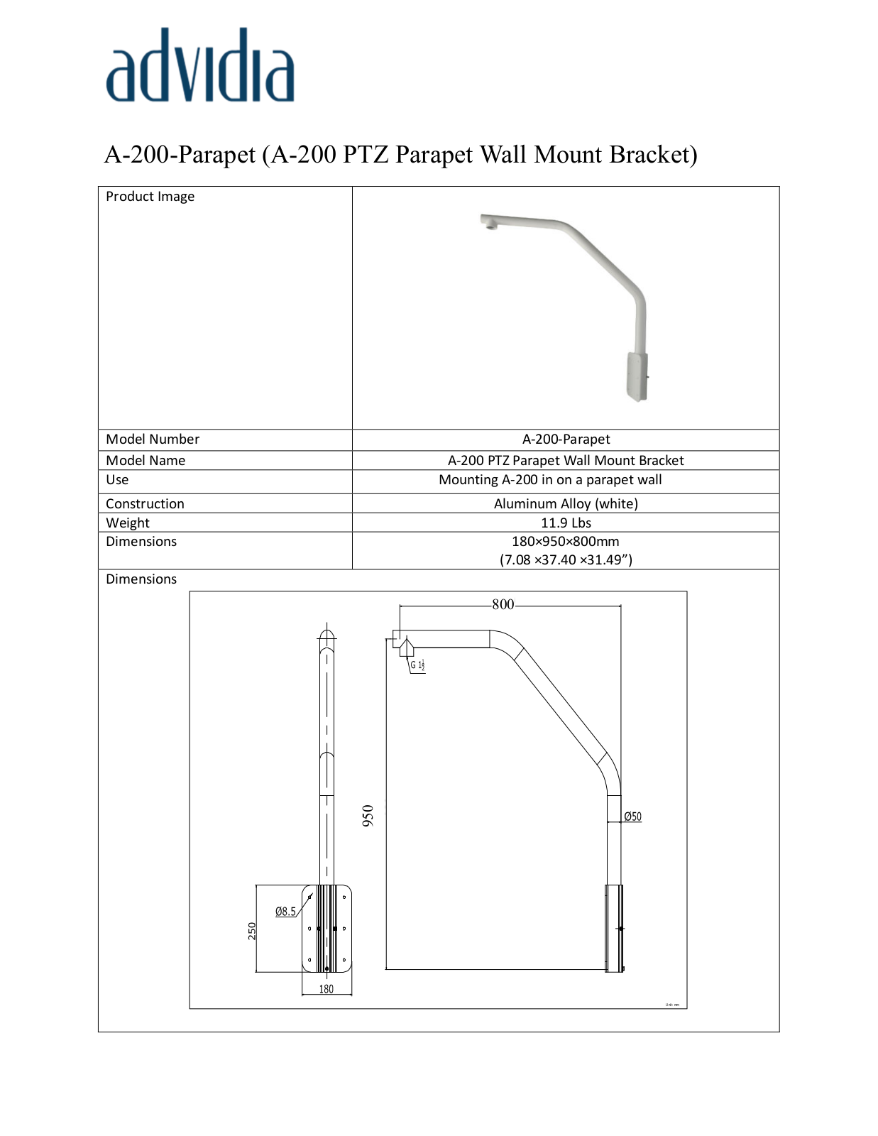 Panasonic A-200-Parapet Specsheet