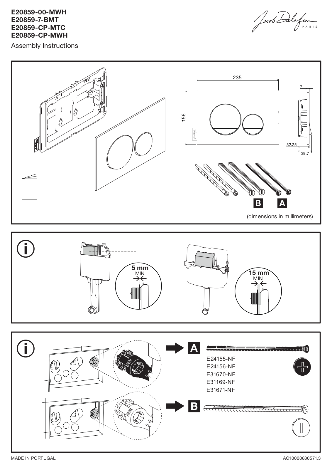 Jacob Delafon E20859-00-MWH, E20859-7-BMT, E20859-CP-MTC, E20859-CP-MWH Assembly Instructions