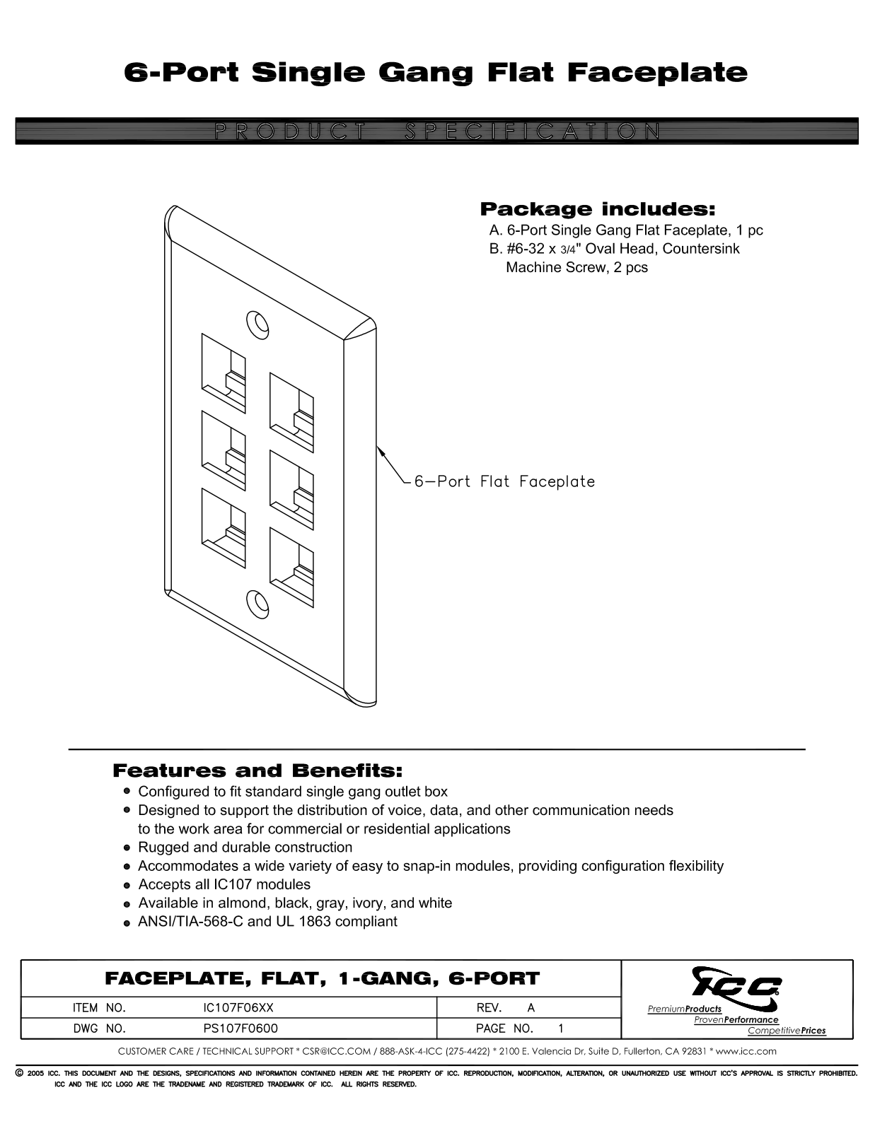 ICC IC107F06AL, IC107F06BK, IC107F06GY, IC107F06IV, IC107F06WH Specsheet