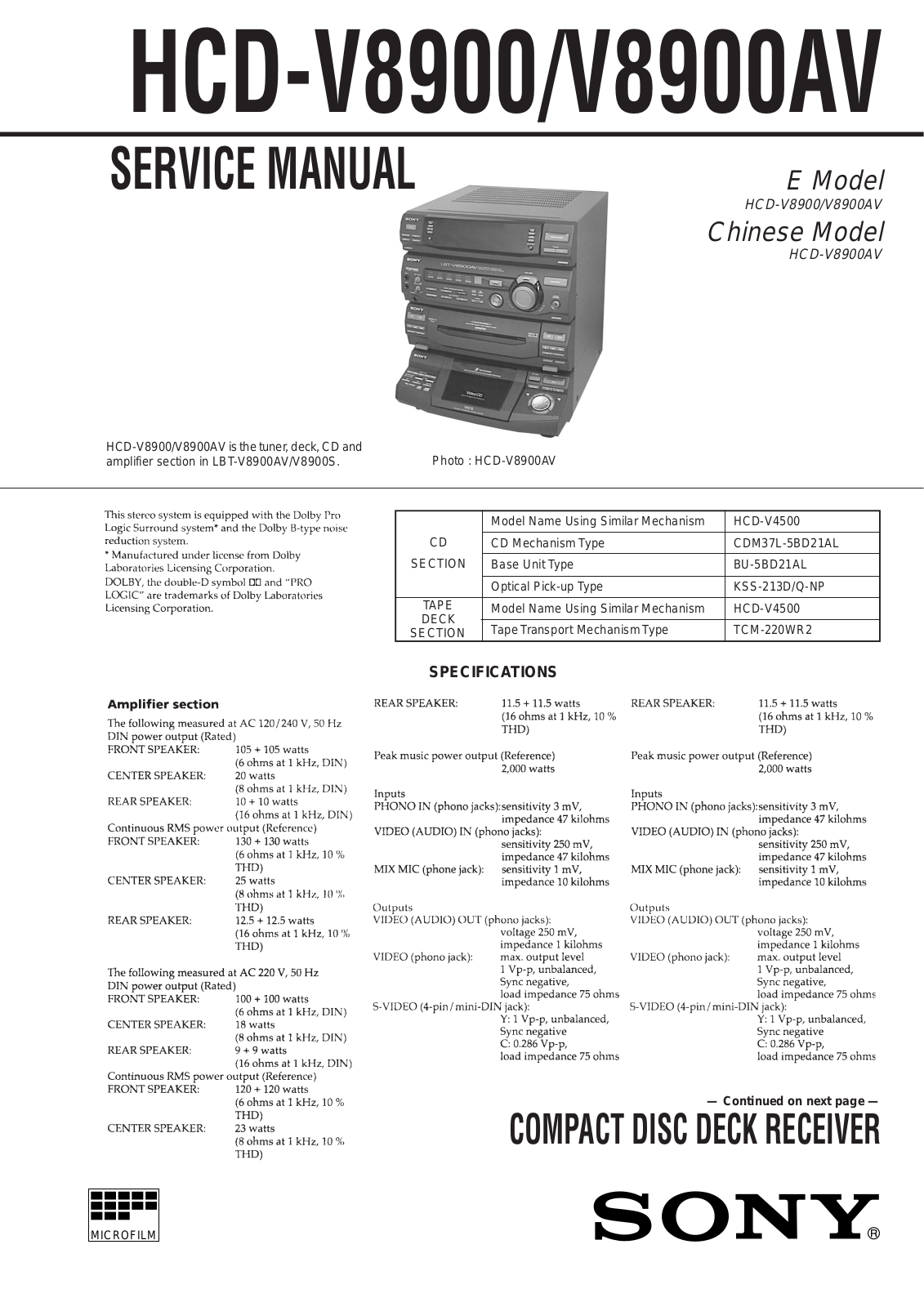 Sony HCD-V8900, HCD-V8900AV Service Manual
