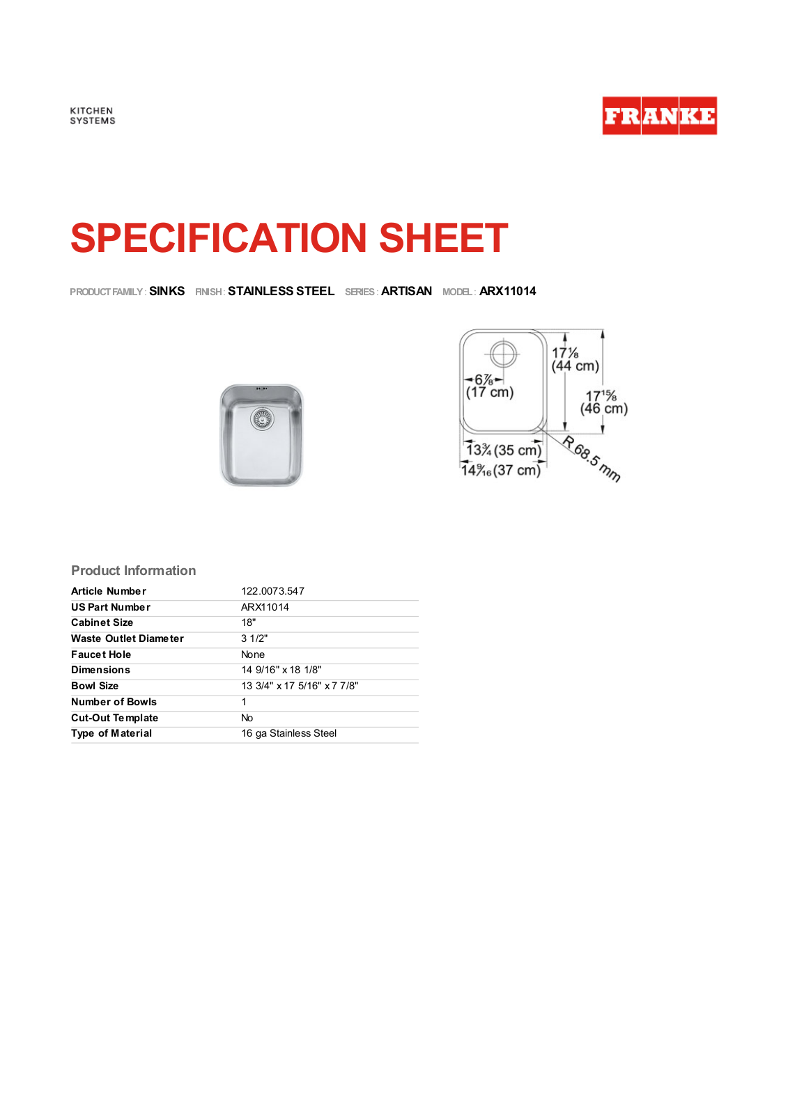 Franke Foodservice ARX11014 User Manual