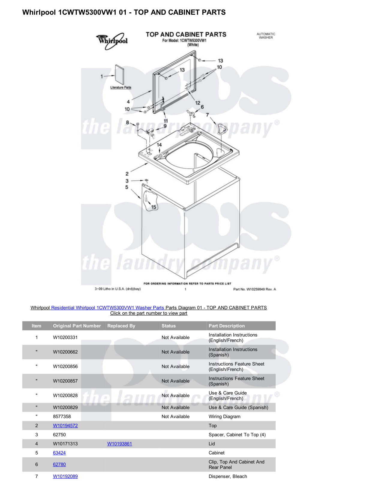 Whirlpool 1CWTW5300VW1 Parts Diagram