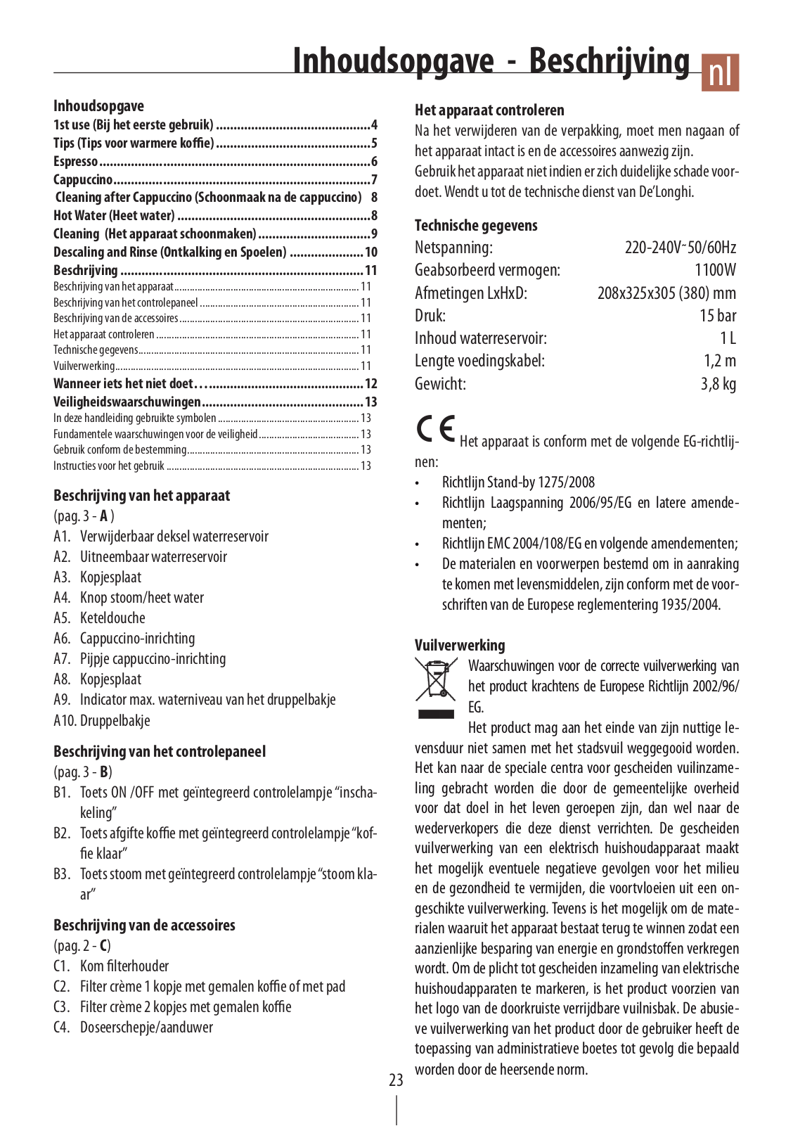 Delonghi EC 250.W, EC 250.B Instruction manuals