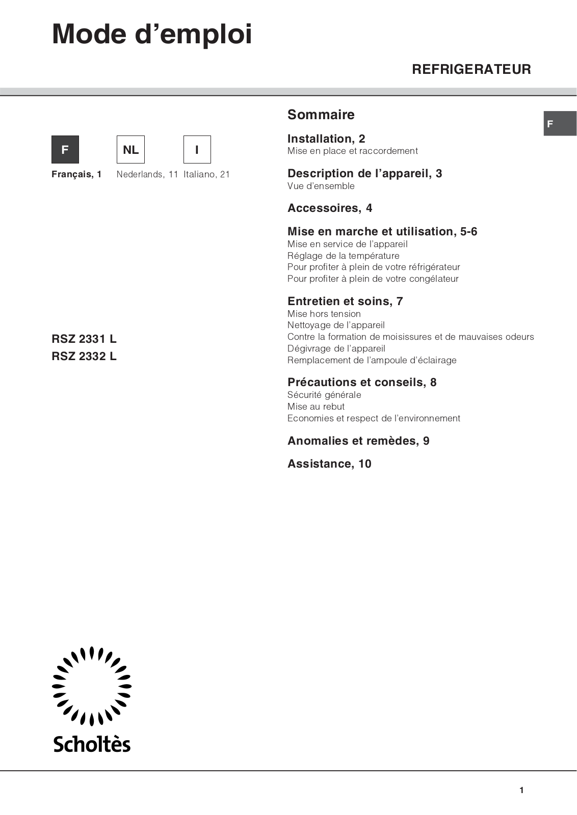 SCHOLTES RSZ2331L User Manual