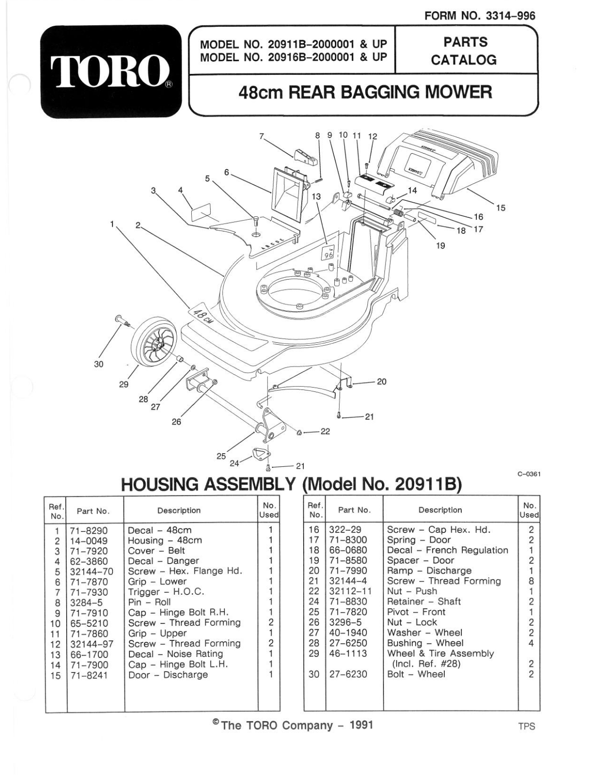 Toro 20911B Parts Catalogue