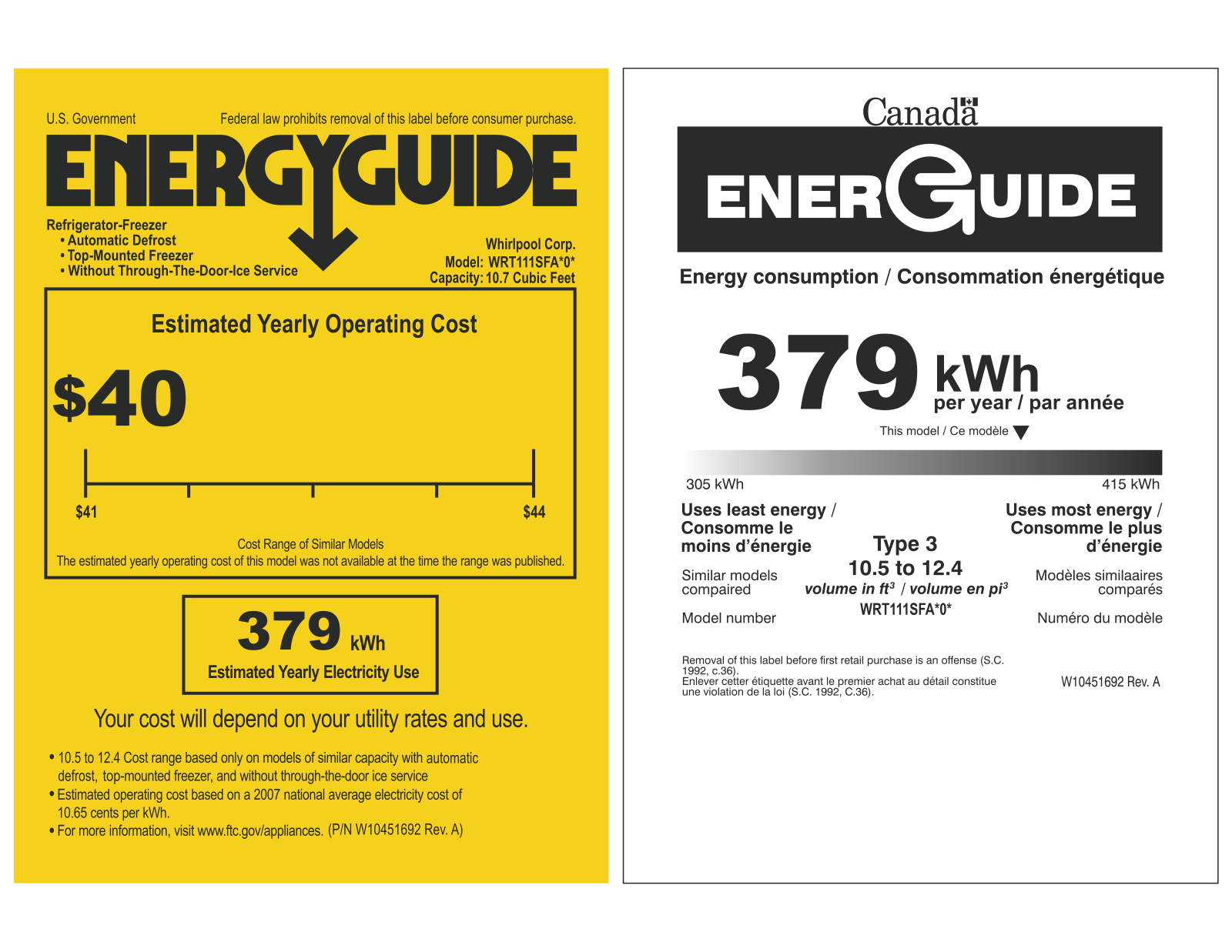 Whirlpool WRT111SFAW, WRT111SFAB Energy label