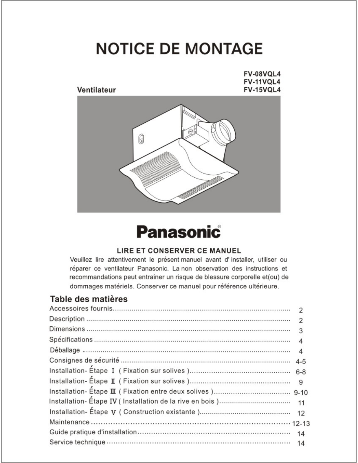 Panasonic fv-xxvql4 Operation Manual