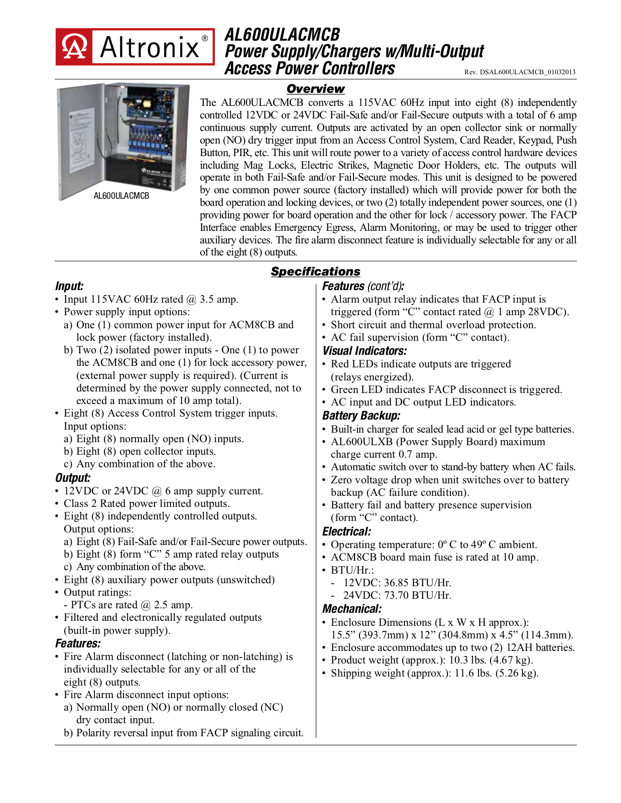 Altronix AL600ULACMCB Specsheet