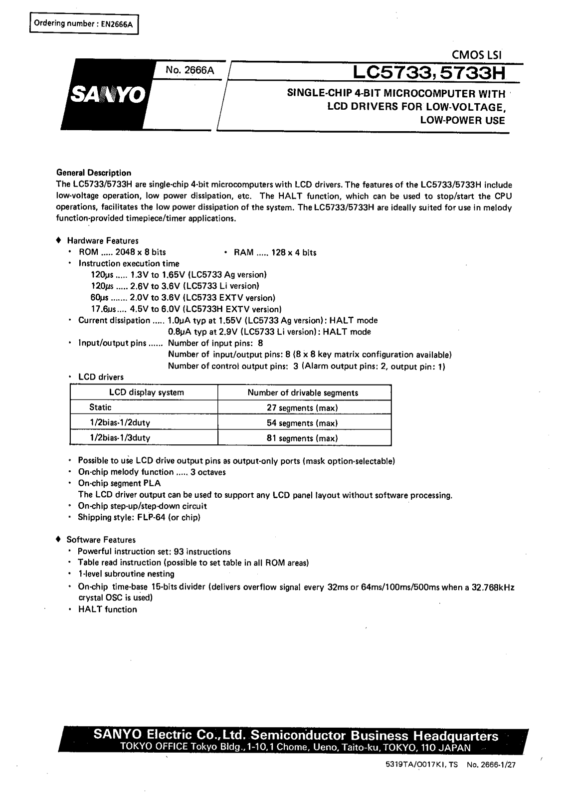 SANYO LC5733H, LC5733 Datasheet