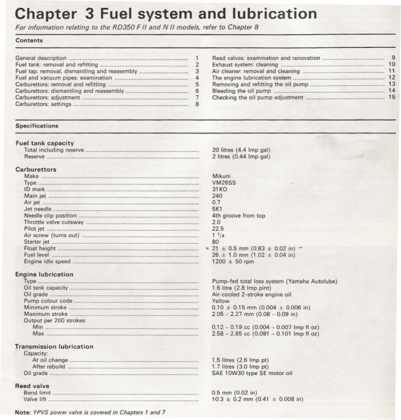 Yamaha RD350 YPVS Service Manual 3 Fuel system and lubrication