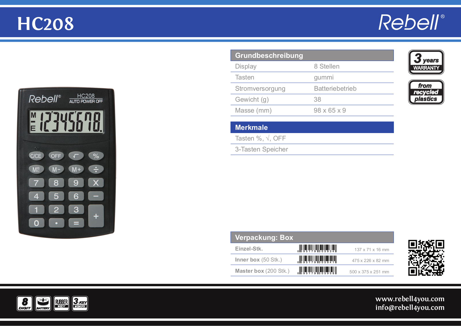 Rebell HC 208 Technical data