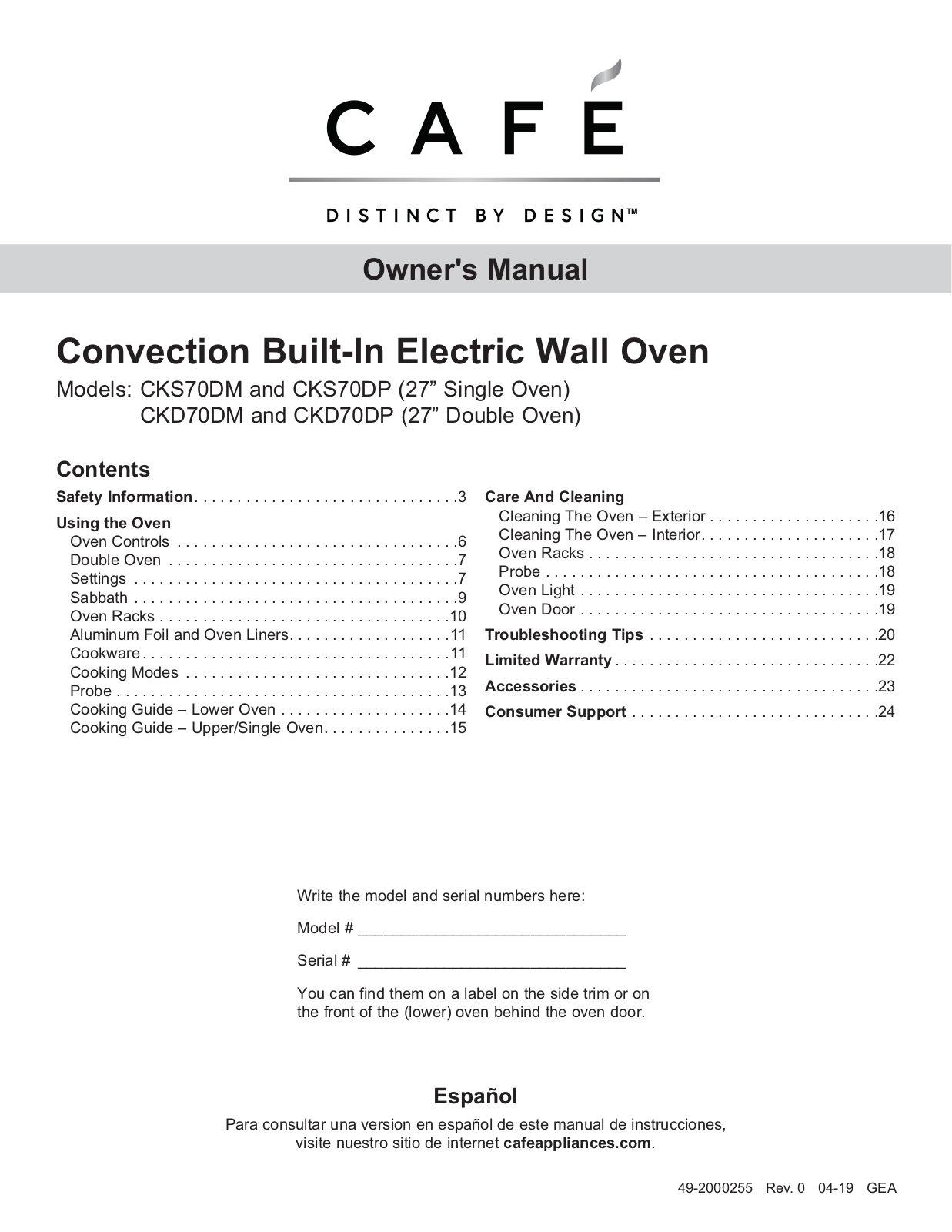 Cafe CKS70DM, CKS70DP, CKD70DM, CKD70DP Owner's Manual