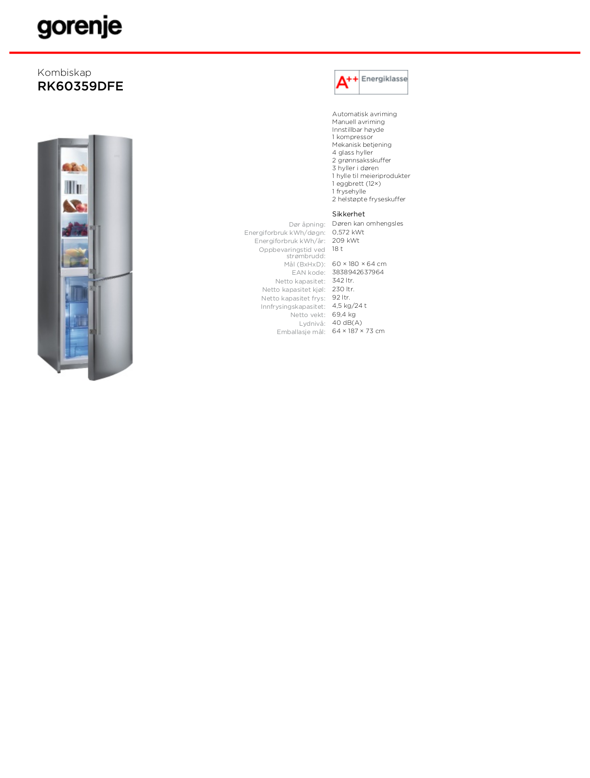 Gorenje RK60359DFE DATASHEET