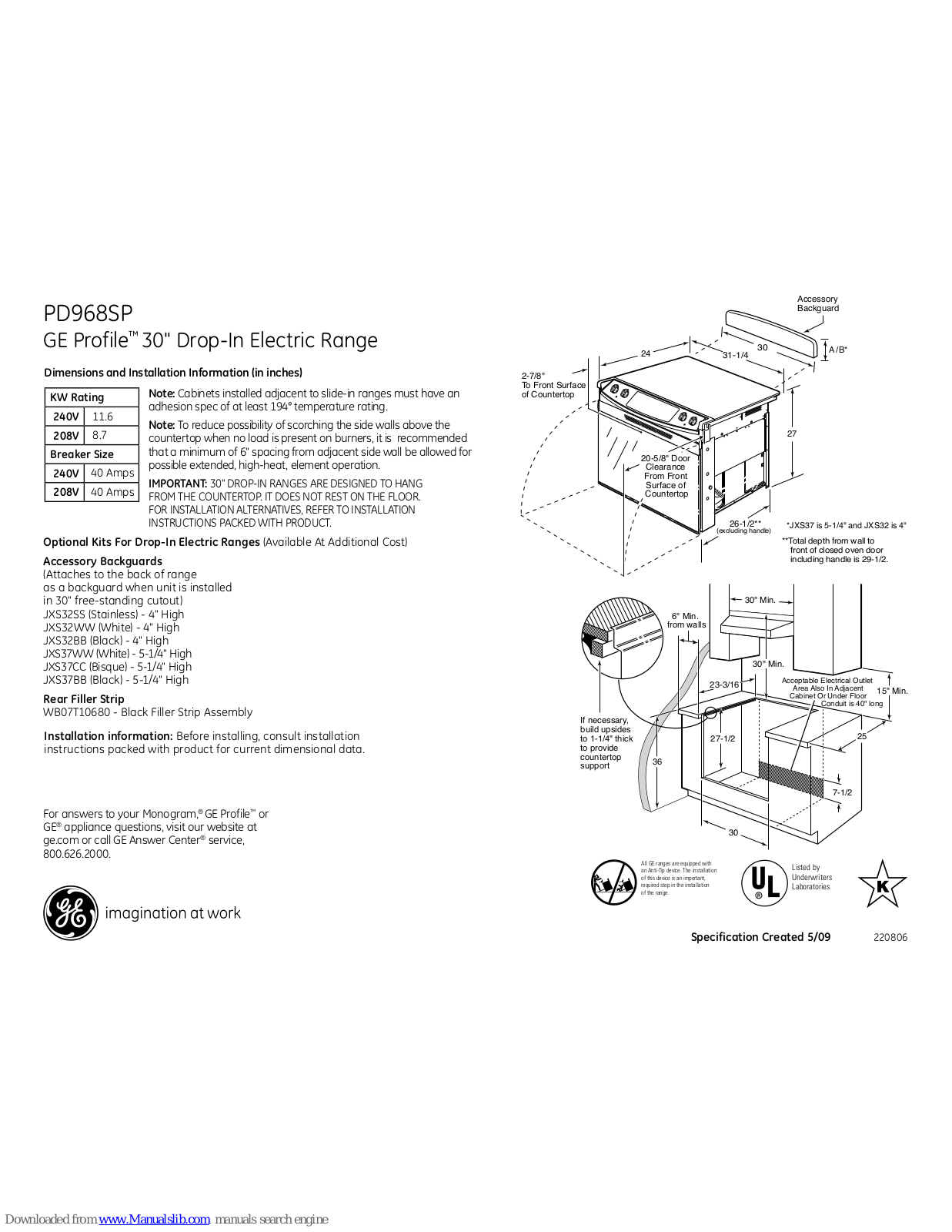 GE Profile PD968SP, Profile PD968SPSS Dimensions And Installation Information