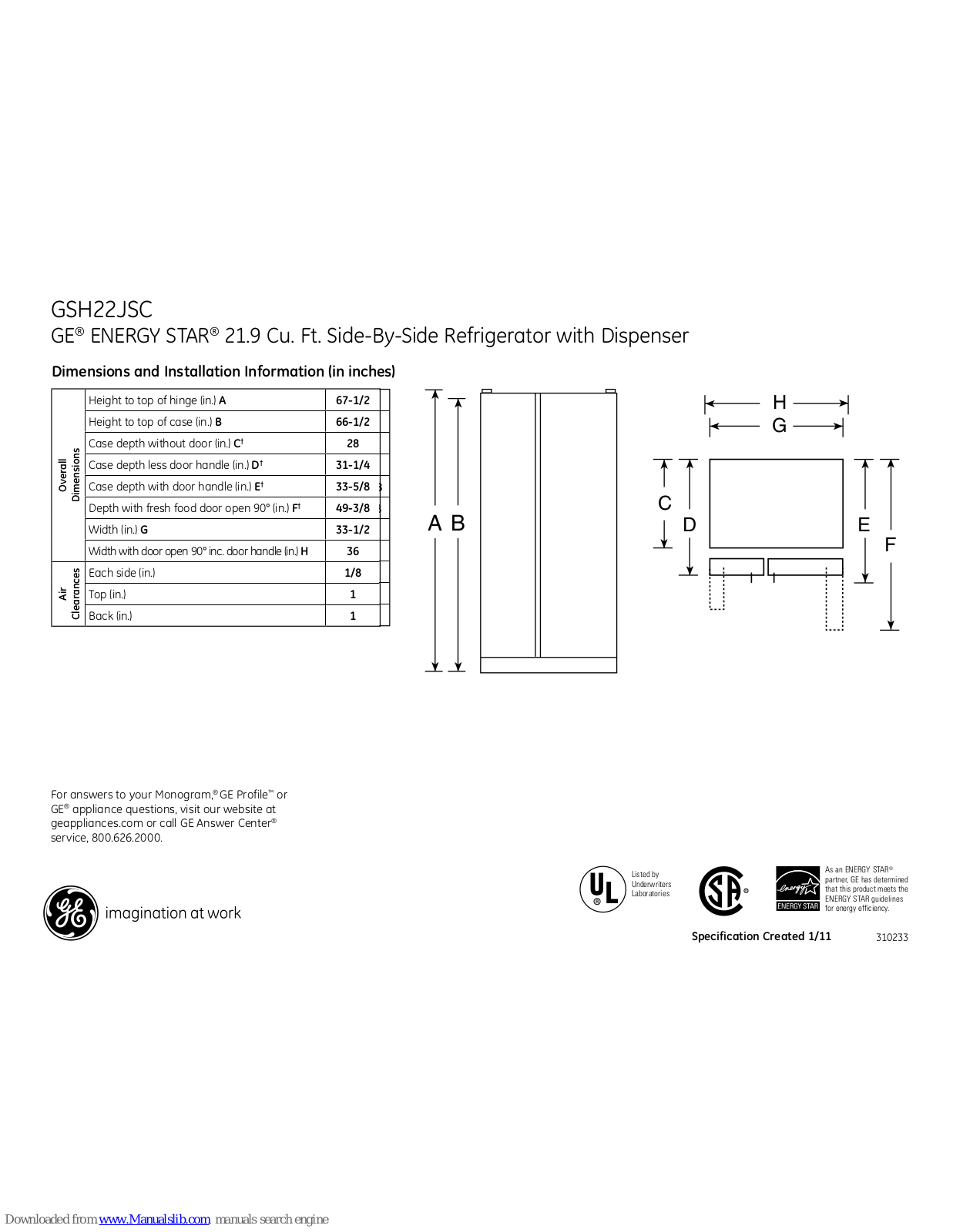 GE GSH22JSCSS, GSH22JSC Dimensions And Installation Information