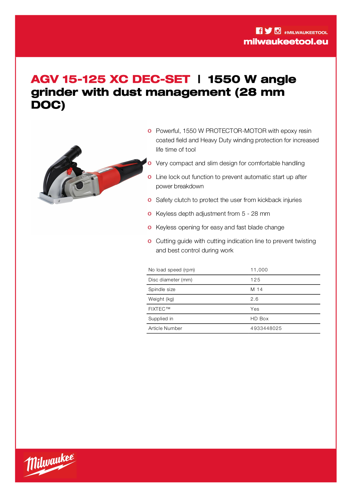 Milwaukee AGV 15-125 XC DEG-SET Technical data