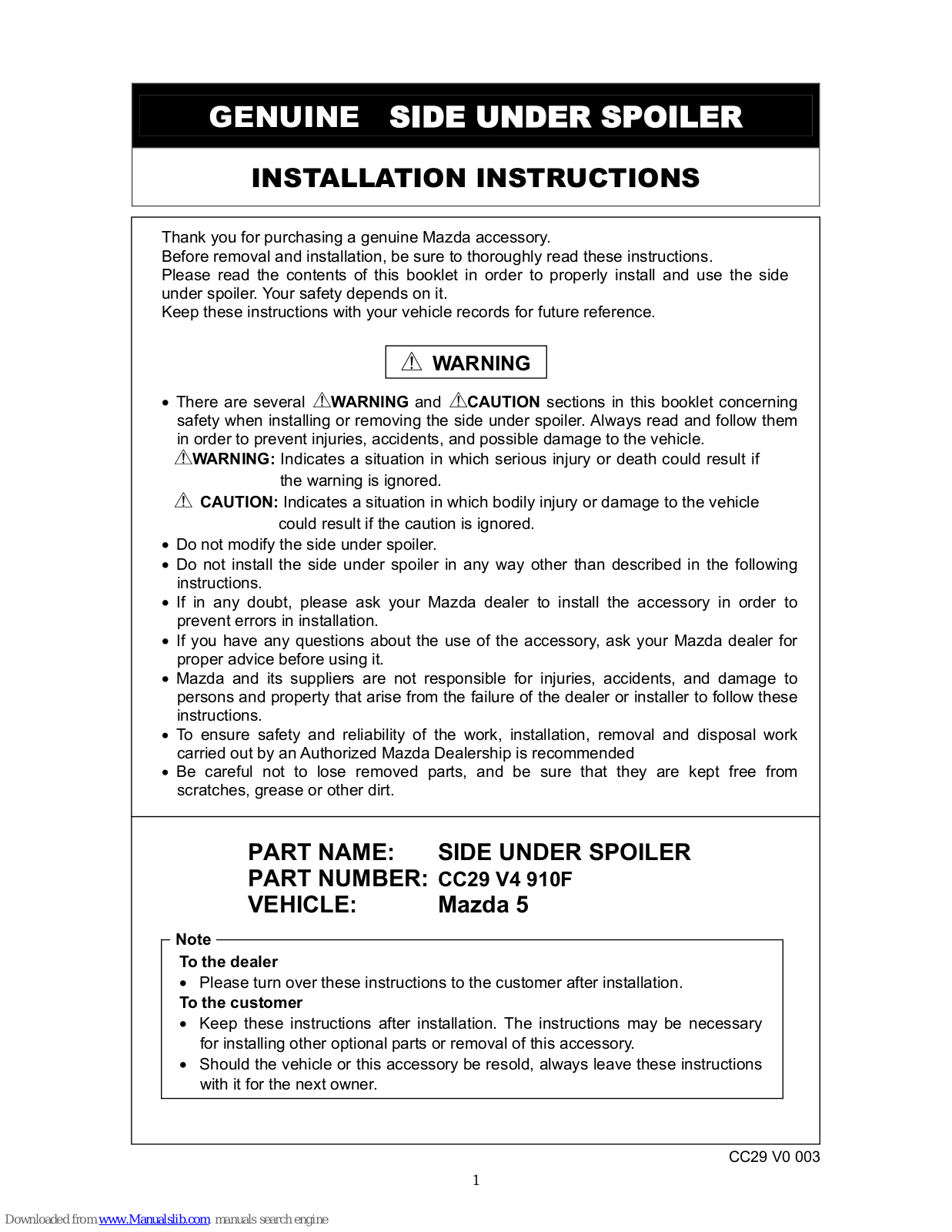 Mazda GENUINE SIDE UNDER SPOILER, CC29 V4 910F Instructions Manual