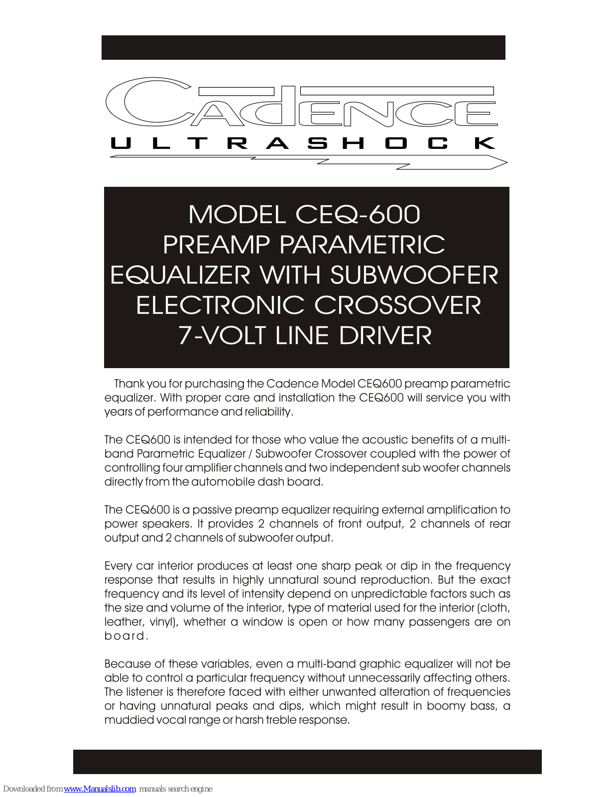 Cadence Preamp Parametric Equalizer CEQ-600, Ultrashock CEQ-600 Product Manual