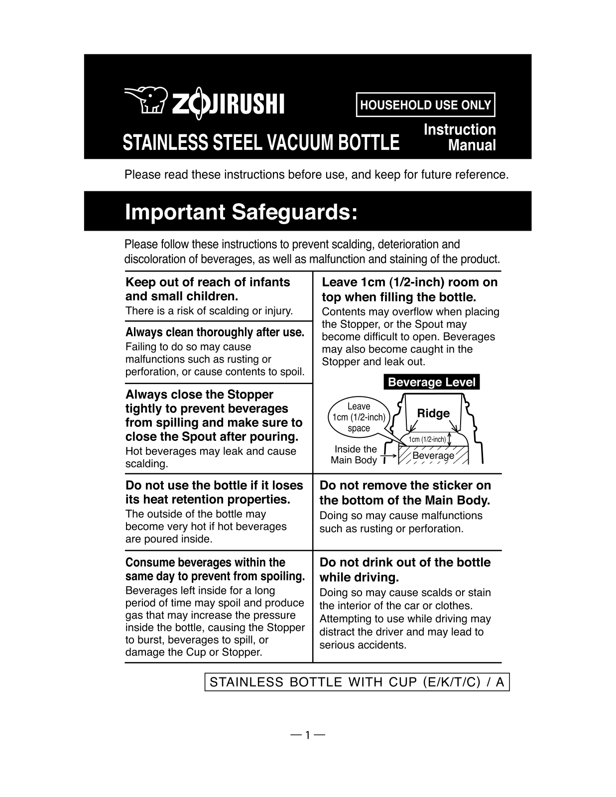 Zojirushi OTHER VACUUM BOTTLES Owner's Manual